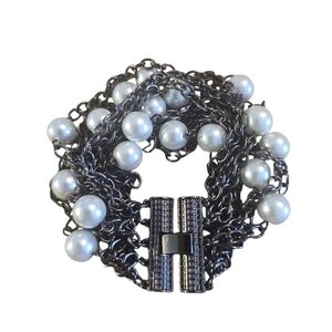 Vintage Pearl Stone And Multi-Chain Gunmetal Bracelet